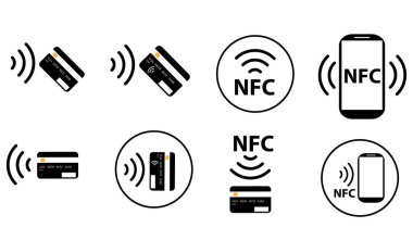 Set NFC wireless payment technology icon, contactless payment, credit card tap pay wave logo, near field communication sign, contactless pay pass fast payment symbol, smart key card contact nfc clipart