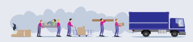 Ev taşıma. Karton kutular olan adam. Vektör düz stil çizim