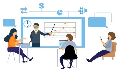 Grupla çevrimiçi video konferansı. Düz tasarım çizimi. Vektör