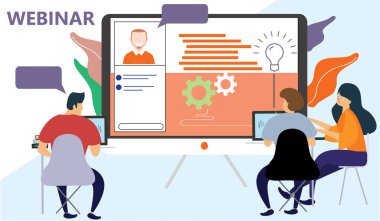 Çizgi filmcilerle çevrimiçi webinar ya da seminer düz vektör çizimi izole edildi.