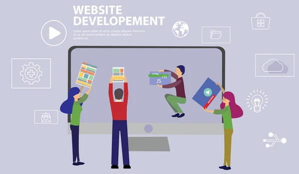 Desarrollo Web Equipo Proyecto Ingenieros Para Creación Sitios Web Edificio — Vector de stock