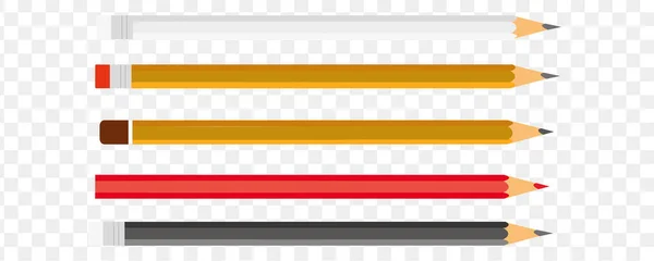 一套黄色铅笔 红的和黑的 用橡皮筋磨尖 不带橡皮筋 — 图库矢量图片
