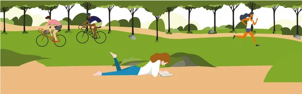 Morning City Park Women Sitting Grass Reading Book City Lifestyle — Stockový vektor