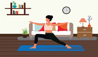 Evde yoga yapan tatlı bir kızın vektör çizimi, egzersiz yapan genç bir kadın, düz tasarım.