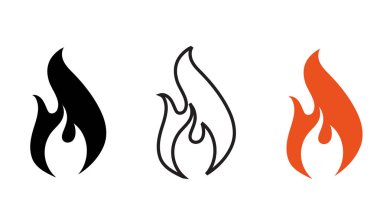 Alev ikonunu farklı bir şekilde ateşle. Beyaz arkaplanda şenlik ateşi çizgisi Siluet vektör çizimi