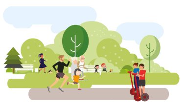 Mutlu insanlar parkta eğleniyor, spor yapıyor, rahatlıyor ve bağ kuruyor.