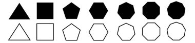 Geometrik şekiller kümesi, çeşitli kenarları olan çokgenler: üçgen, dörtgen, beşgen, altıgen, hepgon, sekizgen, non-agon simge koleksiyonu, keskin ve biraz yuvarlak versiyonu 