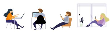 ev işyeri konseptinden düz vektör çalışması ve iş zekası herhangi bir yerde online bağlantı konsepti üzerinde çalışıyor