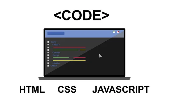 Desarrollo Código Html Css Script Icono Plano Concepto Ordenador Portátil — Vector de stock