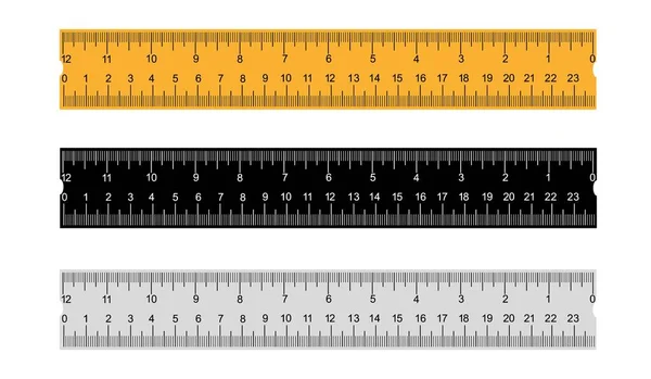 Satz Von Drei Linealen Auf Transparentem Hintergrund Kunststoff Gelb Schwarz — Stockvektor