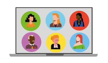 Stay and work from home. Video conference chat illustration. Stream, web chatting, meeting friends online. Workplace, laptop screen, group of people talking by internet. Video communication