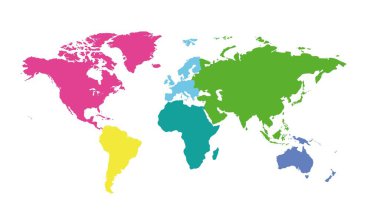 The world map is divided into six continents in different colors. Each continent in a different color. Colorful map of the world of 6 isolated continents.