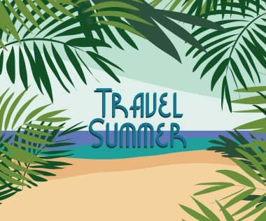 Antika ahşap arka plan üzerinde vektör Merhaba yaz tatili tipografik çizim. Tropikal bitki, çiçek, plaj topu, hava balonu ve mavi gökyüzü ile tente. Tasarım şablonu için afiş, el ilanı