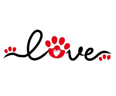 Handwritten word Love with paw print and heart inside. Design for pet lovers.