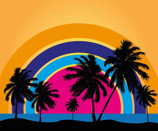 Palm Trees Sea Background Rainbow Old — Vector de stock