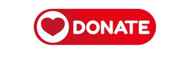 Donate web button. Red button with heart. Symbol of financial aid isolated on white background. Vector