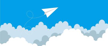 Blue sky with paper plane flying and clouds vector background. Creative carton border of clouds. Airy atmosphere stylish design. Vector