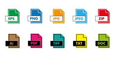 File type icon set. Format of documents. File extensions. Colored file type and document in flat style. Icons  for download 