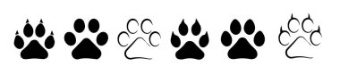 Different animal paw. Paw prints silhouette. Footprints dog and cat with claw. Imprint legs isolated on white background