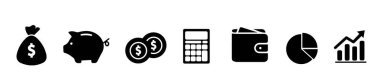 Finance icons. Business Icons, money signs. Money silhouette collection. Wallet with cards icon. Coins silhouette icon. Growth chart. Moneybag or stash. Piggy bank flat style 
