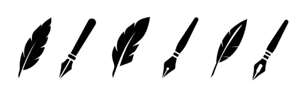 Set Fountain Pen Icon Logo Feather Quill Pen Logo Fountain — Διανυσματικό Αρχείο