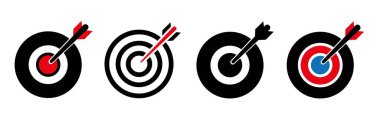 Hedef simgeleri ayarlandı. Hedef sembol koleksiyonu. Okla basit bir hedef. Dart ikonu. Tam on ikon çizgisine ve düz stile vurmak