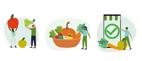 Juego Ilustración Alimentación Saludable Carácter Comprar Fruta Orgánica Fresca Verduras — Vector de stock