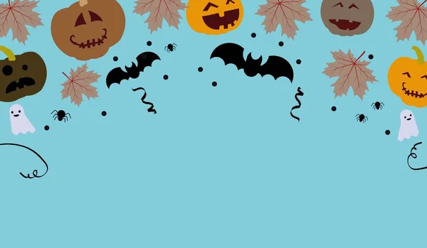 Cornice Halloween Con Decorazioni Festa Zucche Pipistrelli Fantasmi Ragni Sfondo — Vettoriale Stock