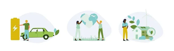 Set Illustrazione Sostenibilità Persone Che Cercano Salvare Pianeta Terra Con — Vettoriale Stock