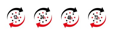 6, 12, 24, 48, 72 saatlik saat oku. Sembol çalışma süresi, dağıtım ve servis süresi, beyaz üzerinde izole edilmiş, vektör simgesi resimleme