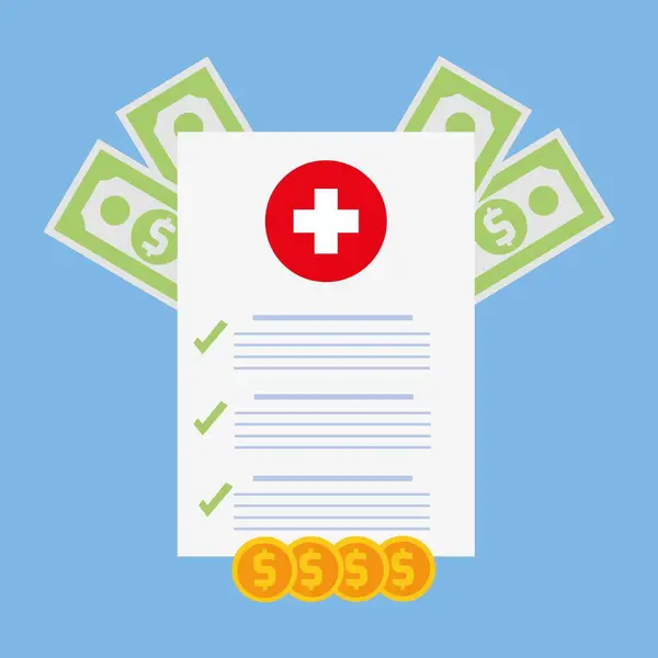 Ιατρικό Έγγραφο Εικονογράφηση Διάνυσμα Χρήματα Επίπεδη Κινούμενα Σχέδια Ασφάλισης Υγείας — Διανυσματικό Αρχείο