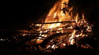 Siyah arka planda büyük, güzel bir şenlik ateşi. Gerçek alevler. Yanıyorum. Ateşlendi. Gece kamp ateşi. Turuncu renk. Doğa manzarası. Açık hava eğlencesi. Sonbahar bahçe temizliği. Ateşli. Yan görünümü kapat.