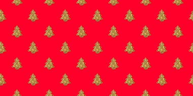 Kırmızı zemin üzerinde altın Noel ağaçları olan pürüzsüz bir doku. Yatay pankart. Yeni yılın kutlu olsun. Duvar kağıdı. Tatil dekoru kağıdı. Poster arkaplanı. Kavram. Takvim tasarımı. Şablon.