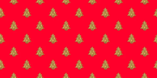 Seamless Texture Golden Christmas Trees Red Background Horizontal Banner Happy — Stock Photo, Image