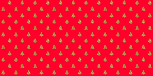 赤い背景に金色のクリスマスツリーとシームレスなテクスチャ 水平方向のバナー あけましておめでとうございます 壁紙だ 休日の装飾紙 ポスターの背景 コンセプト カレンダーモックアップデザイン テンプレート — ストック写真