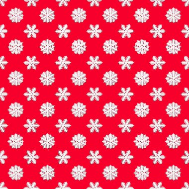 Kırmızı zemin üzerinde beyaz kar taneleri olan kusursuz bir desen. Noel dokusu. Tasarım modeli. Tatil konsepti. Poster duvar kağıdı. Bayram afişi. Baskı için kağıt şablon. Yeni yıl tebrik kartı. Sanat.