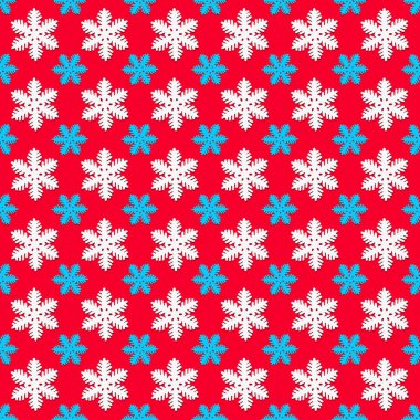 Kırmızı zemin üzerinde beyaz ve mavi kar taneleri olan kusursuz bir desen. Noel dokusu. Tasarım modeli. Tatil konsepti. Poster duvar kağıdı. Bayram afişi. Kağıt baskı şablonu. Yeni yıl tebrik kartı.