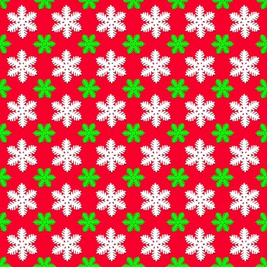 Kırmızı zemin üzerinde beyaz ve yeşil kar taneleri olan kusursuz bir desen. Noel dokusu. Tasarım modeli. Tatil konsepti. Poster duvar kağıdı. Bayram afişi. Kağıt baskı şablonu. Yeni yıl tebrik kartı.
