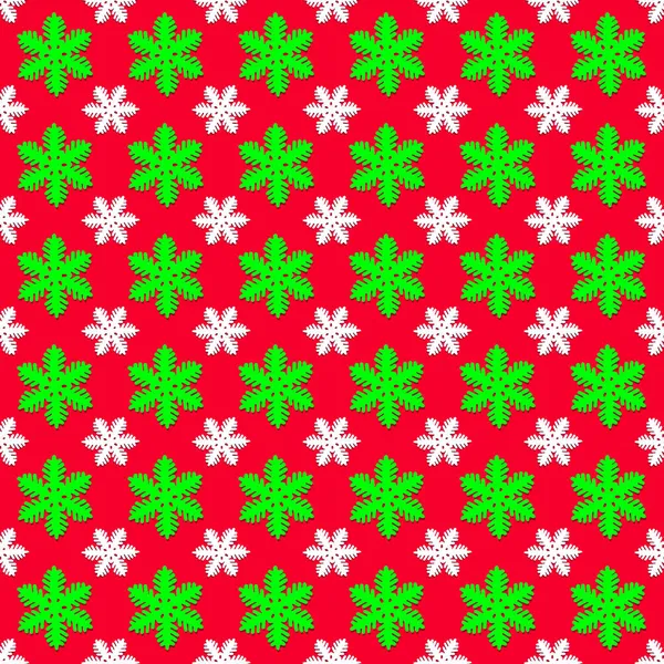 Zökkenőmentes Minta Fehér Zöld Hópelyhek Piros Háttér Karácsonyi Textúra Tervezz — Stock Fotó