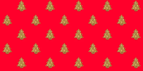 Textura Sem Costura Com Árvores Natal Douradas Fundo Vermelho Bandeira — Fotografia de Stock