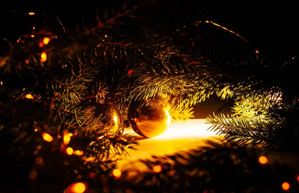 Weihnachtskarte Innendekoration New Year Tapete Feiertags Hintergrund Tannenzweige Mit Goldener — Stockfoto