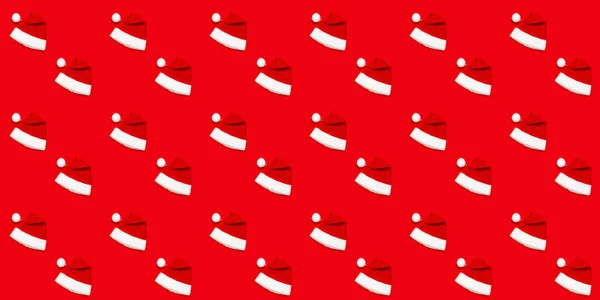 Nahtloses Muster Mit Nikolausmütze Auf Rotem Hintergrund Weihnachten Feriendesign Attrappe — Stockfoto
