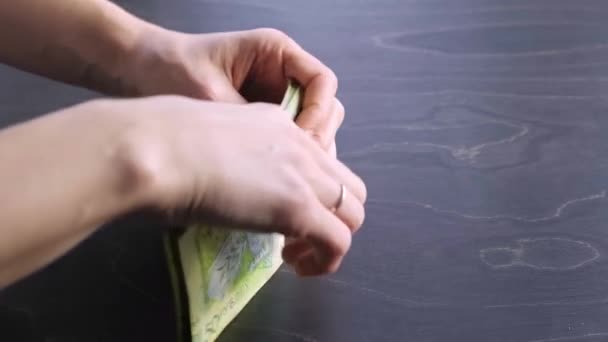 Close-up view. Move of stack of belarusian 50 ruble paper money. Bet. Hands hold a lot of cash. Saving. National currency of Belarus. Pay of credit liabilities. Salary concept. Big debt. Tax payment — 图库视频影像