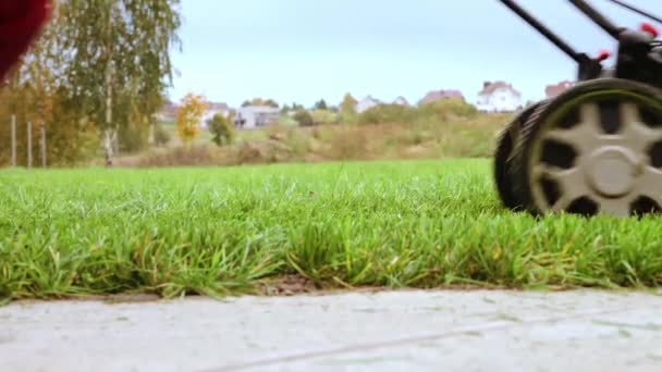 Garden red lawnmower. Low angle of side view of worker mowing lawn. Activity detail of green grass cutting. Landscaping care. Gardening maintenance. Close-up. Gardener service. Concrete paving road — Stockvideo