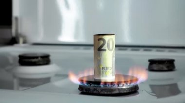 Gaz krizi kavramı. Mutfak ocağında 20 Euro 'luk banknot yanıyor. Avrupa nakit parası. Doğal kaynakların yüksek fiyatları. Ateş alevi. Kamu borcu. Enerji savaşı. Ev bütçesini biriktiriyorum. Finans