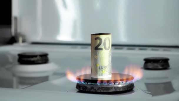 Gaz krizi kavramı. Mutfak ocağında 20 Euro 'luk banknot yanıyor. Avrupa nakit parası. Doğal kaynakların yüksek fiyatları. Ateş alevi. Kamu borcu. Enerji savaşı. Ev bütçesini biriktiriyorum. Finans — Stok video