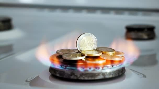 Conceito de crise de gás. 2 moedas de euro está queimando em um queimador de fogão de cozinha e cair quando a extremidade do gás. Preços elevados dos recursos naturais. Chama de fogo. Dívida de utilidade. Guerra energética. A poupar dinheiro. Financiamento — Vídeo de Stock