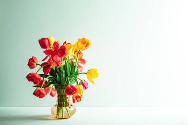 Büyük çiçek buketi. Renkli laleler. Açık yeşil arka planda cam vazoda, fotokopi alanı var. Kartvizit. Davetiye kartı. Tebrik mesajı için uygun bir yer. Uluslararası tatil. Pankart.