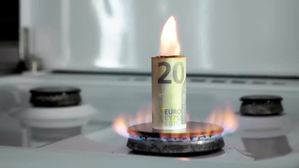 Концепция газового кризиса. Счет в 20 евро горит на кухонной плите. Европейские наличные деньги. Высокие цены на природные ресурсы. Пламя огня. Коммунальный долг. Энергетическая война. Экономия бюджета на дом. Финансы — стоковое видео