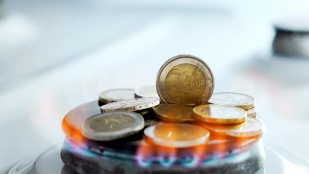 Konzept der Gaskrise. 2-Euro-Münzen brennen auf einem Herd und fallen, wenn das Gas ausgeht. Hohe Preise für natürliche Ressourcen. Feuerflamme. Versorgungsschulden. Energiekrieg. Sparen im eigenen Haushalt. Finanzen — Stockvideo
